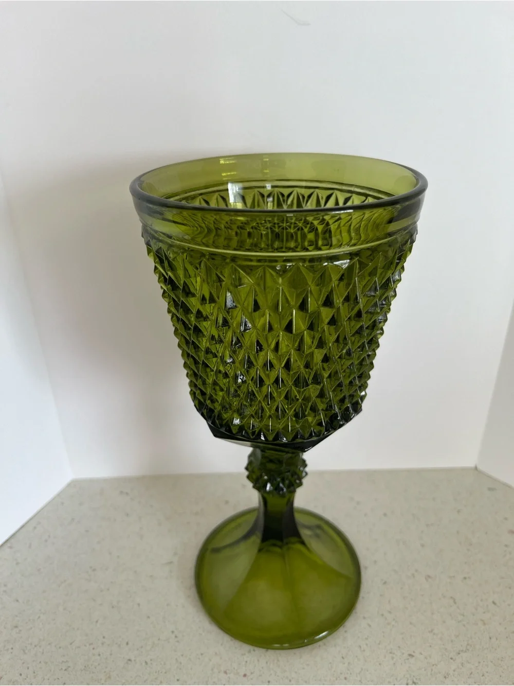 Indiana Glass Diamond Point Green Compote Pedestal Vase /Planter 11” Mid Century